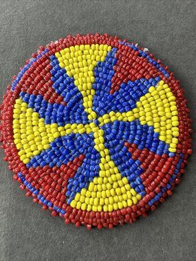 Native American Seed Bead handmade beadwork patch art navy blue,red,yellow 3”